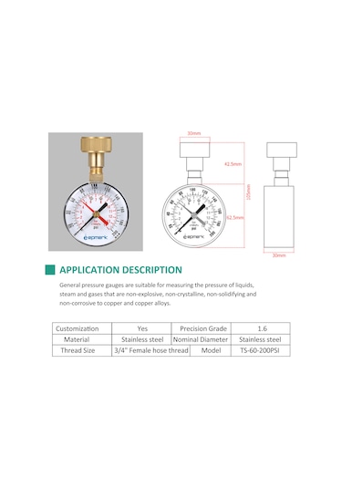 Springsun Su Basıncı Test Cihazı 0-200psı, 3/4" İç Dişli Boru, Kırmızı Göstergeli, 2.5" Manometre, Bakır Ve Plastik Malzemeyle