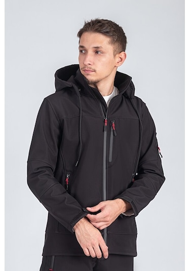 Suya Dayanıklı Slim Fit Softshell Kapüşonlu Erkek Mont Siyah Suya Dayanıklı Slim Fit Softshell Kapüşonlu Erkek Mont Siyah