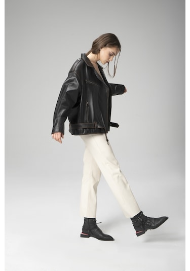 Dericlub Pamela Unisex Silme Oversize Biker Hakiki Deri Mont Siyah/taba Null Siyah
