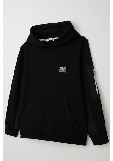 Breeze Erkek Çocuk Sweatshirt Armalı Kolu Cepli Fermuarlı 9-14 Yaş, Siyah Siyah