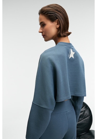 ANOUK Kadın Pamuklu Baskı Ve Patch Detaylı Bisiklet Yaka Crop Petrol Mavisi Sweatshirt