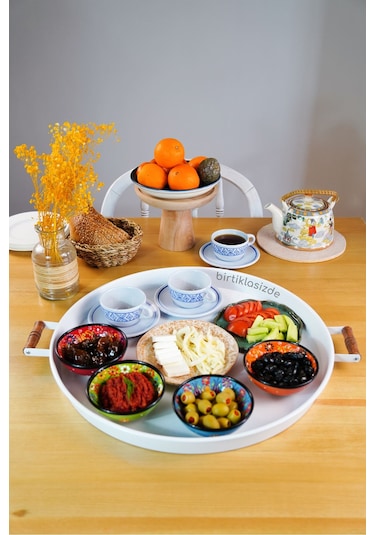 Kitchen Trend Metal Ahşap Kulplu Yuvarlak Tepsi 51 CM Beyaz