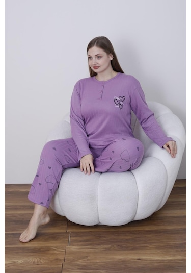 Lindros Kadın Pamuk'lu Düğme Yaka Raporlu İnterlok Kışlık Battal Pijama Takımı 05141 - 1 Adet Mor