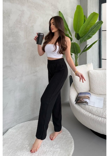 Kadın Siyah Yüksek Bel Fitilli Bol Paça Günlük İnce Eşofman Altı