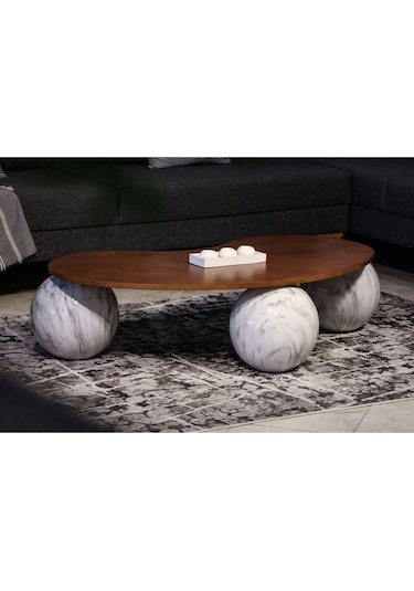 Top Sehpa & Küre Ceviz Mdf Orta Sehpa - Beyaz Traverten Desen