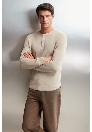 Patrick Erkekm Triko Yakalı Waffle Özel Dokulu Kalın Kumaşlı Uzun Kol Bej T-shirt
