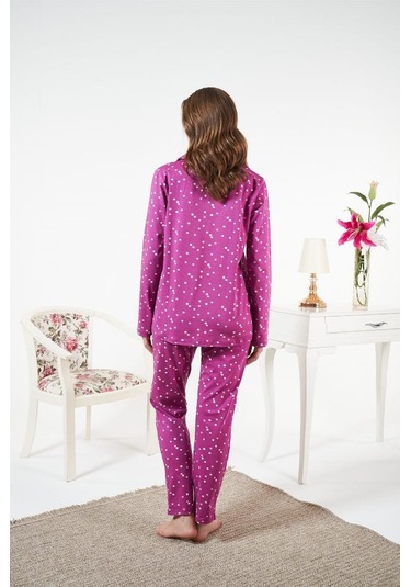 Estiva Likralı Penye Önden Düğmeli Bayan Pijama Takım Mürdüm