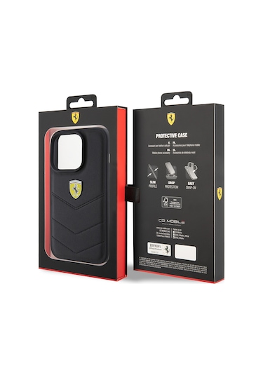 İphone Uyumlu 15 Pro Kılıf Ferrari Lisanslı Deri Dikişli Arka Yüzey Metal Logo Tasarımlı Siyah