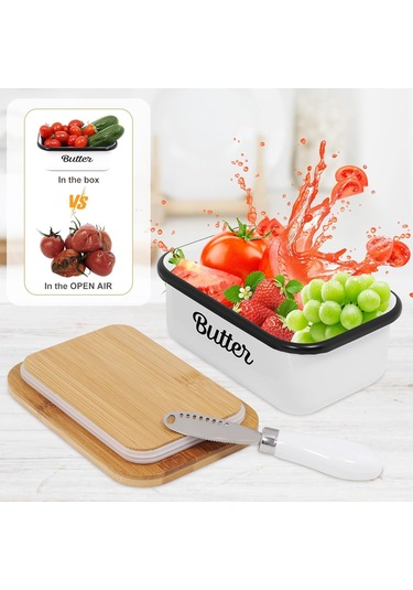 Aubyhe Güneşlenmiş Demir Ve Bambü Kapaklı Tereyağı Kutusu, Tereyağı Saklama, Taze Tutma, Kolay Yayılabilir, İki Stil Tereyağı Bıçağı İçeren Set Beyaz