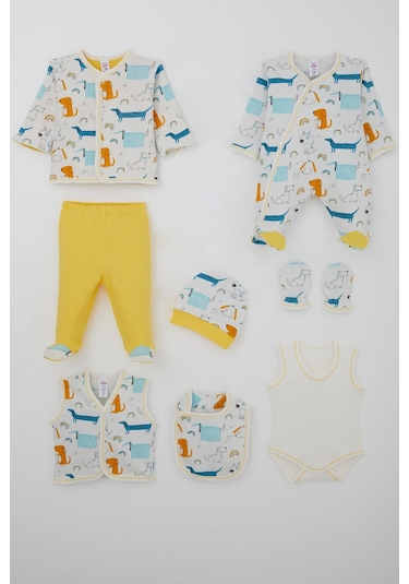 Breeze Erkek Bebek Hastane Çıkışı 8 Li Sevimli Köpekçikler Desenli 0-3 Ay, Ekru Ekru