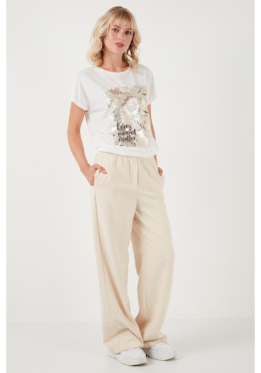 Lela Baskılı Bisiklet Yaka Regular Fit Bayan T Shirt 6671001 Ekru