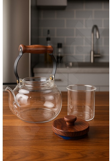 Akasya Kapaklı Ve Üstten Saplı Yuvarlak Cam Demlik - Isıya Dayanıklı - Cam Demlikli - 3 Parça Cam