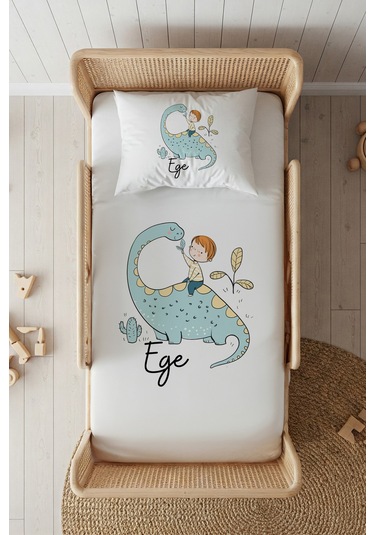%100 Pamuk Saten İsme Özel İsimli 100x200 Tek Kişilik Lastikli Çarşaf Seti Dinozor Beyaz