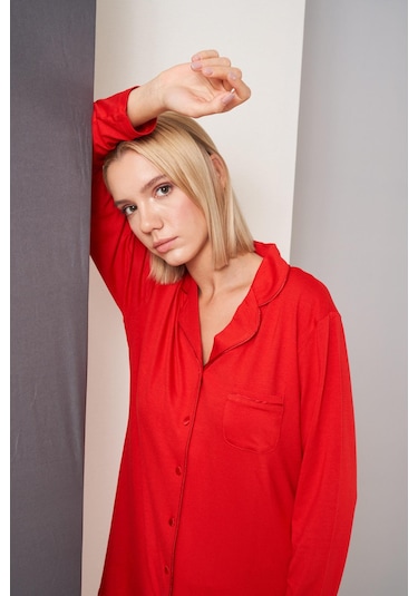 Pjs Kadın Gömlek Yaka Önden Düğmeli Uzun Kollu Pijama Takım Kırmızı