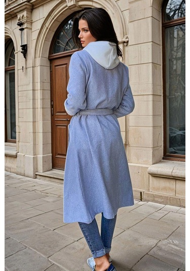 Gri Şal Yaka, Cepli, Kuşak Detaylı, Astarsız, Uzun Kaban Gri