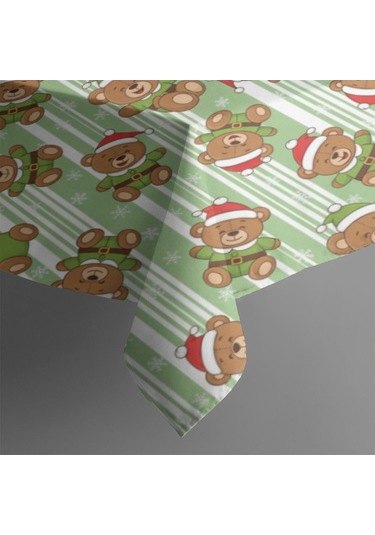 Noel Desenli Dikdörtgen Masa Örtüsü 60x84 İnç, Su Geçirmez Ve Leke Tutmaz Noel Ayı Çizgili
