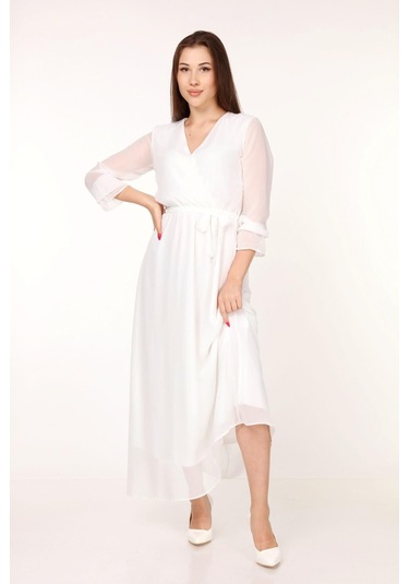 Kadın Kuşaklı Uzun Şifon Elbise Dpkts003 Beyaz
