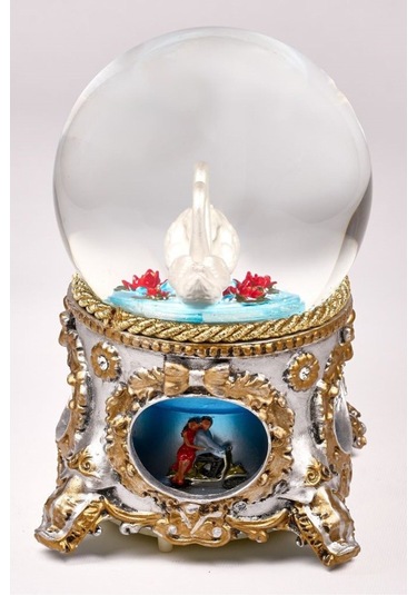 Kar Küresi Klasik Antik Büyük 120 Mm . El Boyaması,müzikli Ve Kendinden Üflemeli, Kuğu Çift