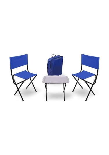 İronika Çantalı Katlanabilir Balıkçı Seti Sırtlı Piknik Balkon Kamp Taburesi Sehpa Seti - Mavi Gri