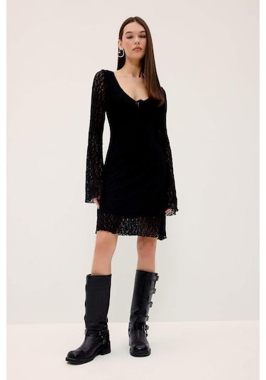 DeFacto V Yaka Dantel Uzun Kollu Mini Elbise F3465AX25SPBK81