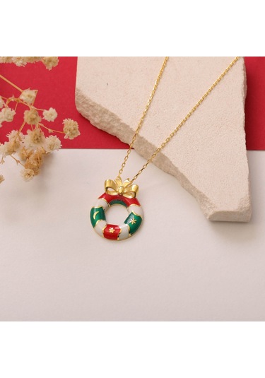 925 Ayar Gümüş Mineli Yılbaşı Kapı Dekorasyonu Ve Kurdele Kolye Gold