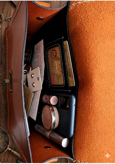 Otohousse El İşçiliği Hakiki Deri Vintage Omuz Çantası Taba Turuncu
