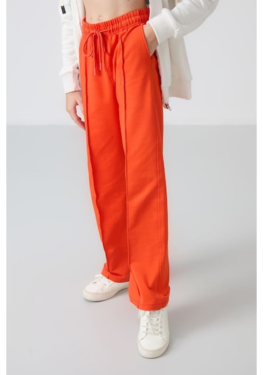 Tommy Life Portakal Cepli Ön Dikiş Detaylı Geniş Paça Kız Çocuk Eşofman Altı -75144 Turuncu