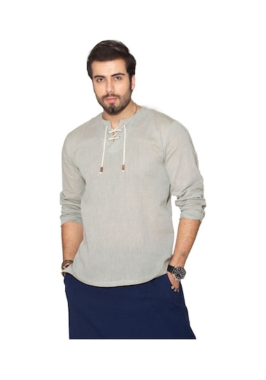 Uzun Kol Şile Bezi Zımbalı Erkek Tshirt Taş 3031