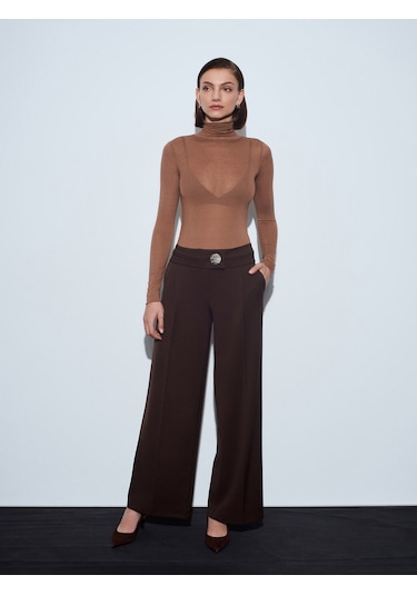 Dilvin 72244 Gold Düğmeli Geniş Paça Pantolon-kahve Kahve