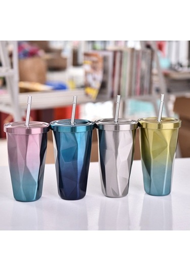 Elmpaly 500ml Paslanmaz Çelik Seyahat Su Matarası - Renkli Kapaklı Ve Pipetli