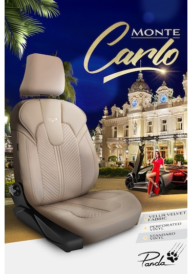 Bej - Bej Panda Monte Carlo Serisi Velor Kadife Kumaş Oto Koltuk Kılıfı - Tam Set