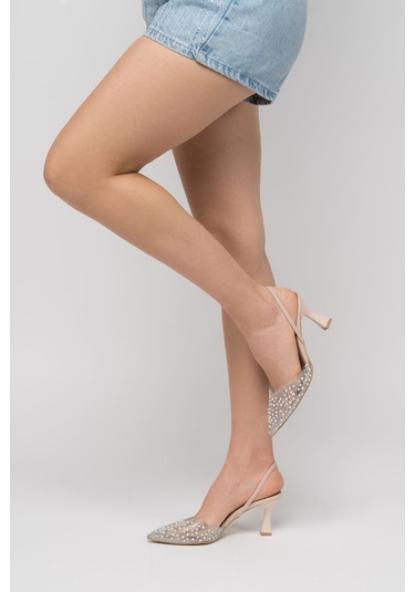 V-1005 Bej Günlük Arkası Açık Taşlı Topuklu Bayan Ayakkabı Bej