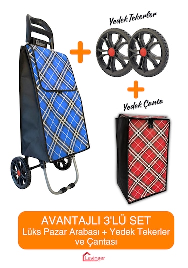 Pazar Arabası Plus Avantajlı 3' Lü Set Pazar Arabası + Yedek Tekeri + Yedek Çantası. Mavi