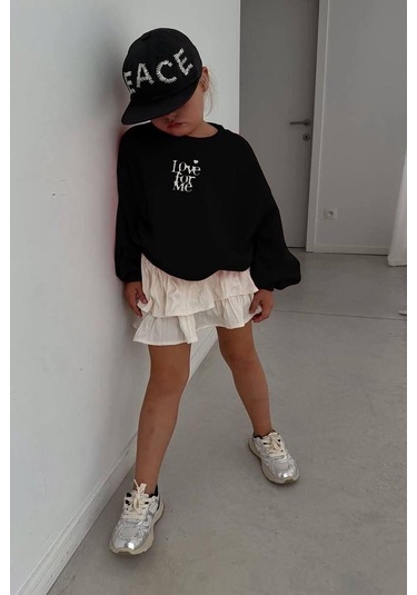 Bandanalı Etekli Tarz Kız Çocuk Takımı Üst Üç İplik Siyah