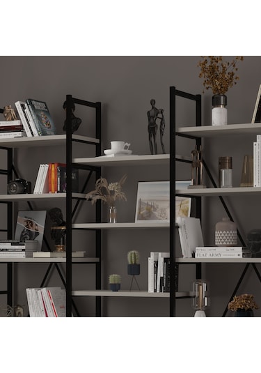 6 Raflı Metal Kitaplık Üç Modül-metalk03-kül Gri