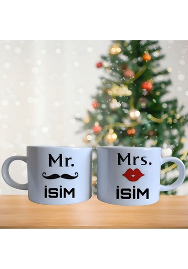 Çiftlere Özel İsim Yazılabilir Porselen Fincan Takımı 763 Beyaz