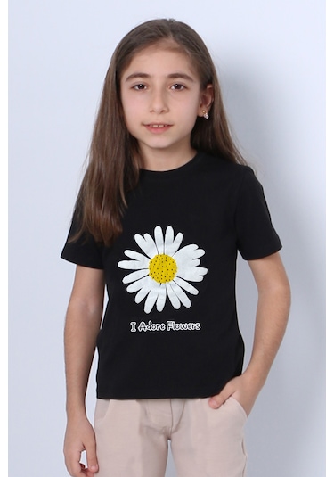 Hçm Kız Çocuk Tshirt Papatya Baskılı Bisiklet Yaka D26 Siyah