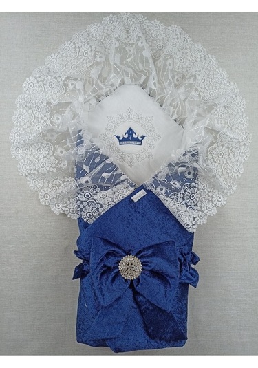 Kadife Kız Bebek Battaniyesi Dantelli Kundak Hastane Çıkışı Yenidoğan %100 Doğal Pamuktan Hediyelik Lacivert