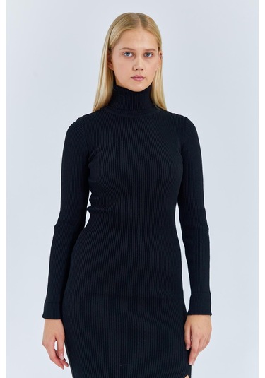 6889 Kadın Balıkçı Yırtmaçlı Uzun Triko Elbise Siyah Siyah