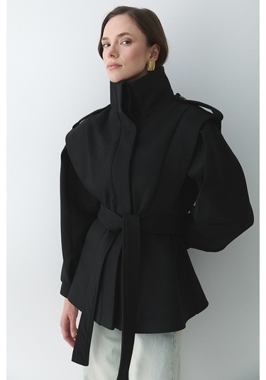 Siyah Apoletli Vatkalı Kaşe Kaban - 1005 Siyah