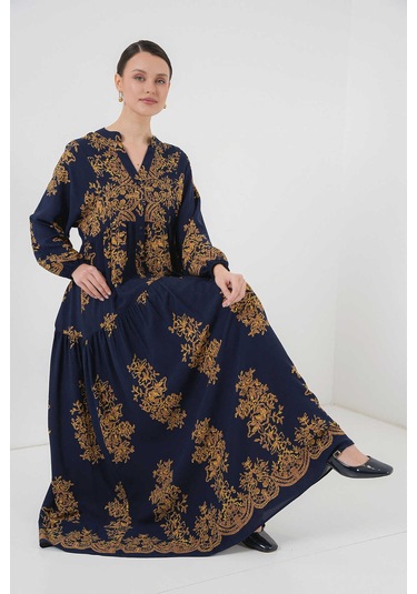 Gabria Ön Düğmeli Desenli Viskon Elbise Lacivert
