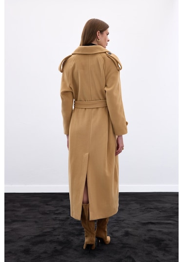 Sateen Geniş Yaka Uzun Kaban - Camel-136666 Camel