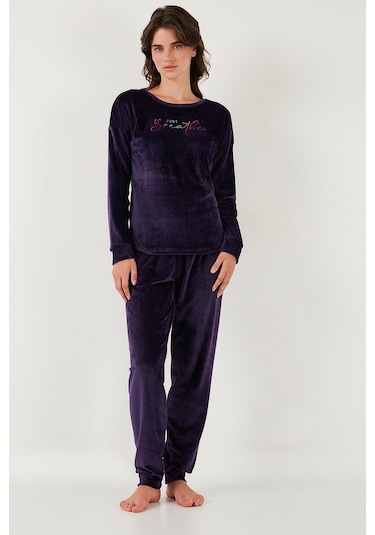 Lela Regular Fit Yumuşak Dokulu Kadife Bayan Pijama Takımı 6094200W4 Koyu Mor