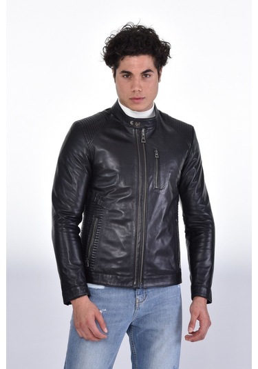 Hakiki Deri Siyah Erkek Deri Mont Hakim Yaka Çift Fermuarlı Üç Cepli Deri Ceket Siyah