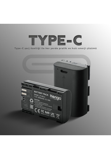 Herigo Lp-e6-c 2040mah Type-c Şarjlı Batarya Lp-e6 Uyumlu