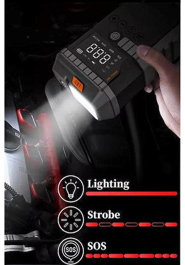 12.000mah Araç Akü Şarj Takviyeli Işıklı Hava Kompresörü Akü Takviye Cihazı 4'ü 1 Arada Powerbank