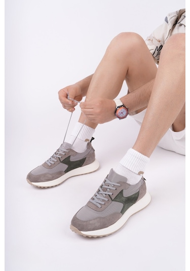 Muggo Svenson Kalın Taban Bağcıklı Hakiki Deri Erkek Günlük Sneaker Spor Ayakkabı Haki