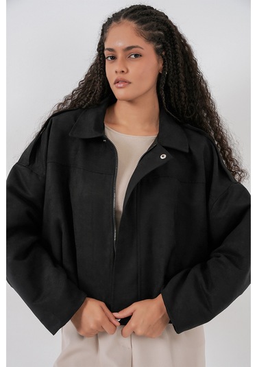 Kadın Siyah Oversize Süet Ceket 1055 Siyah