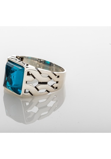 Gümüş Aqua Deniz Mavisi Renkli Zirkon Taşlı Erkek Yüzük