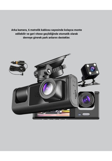 Üç Kameralı Araç Dvr Full Hd Gece Görüşlü Ve 2 İnç Ips Ekranlı